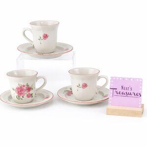 Gibson Designs ROSELAND  856183 Pink Floral Stoneware Flat Cups Saucers Set of 3